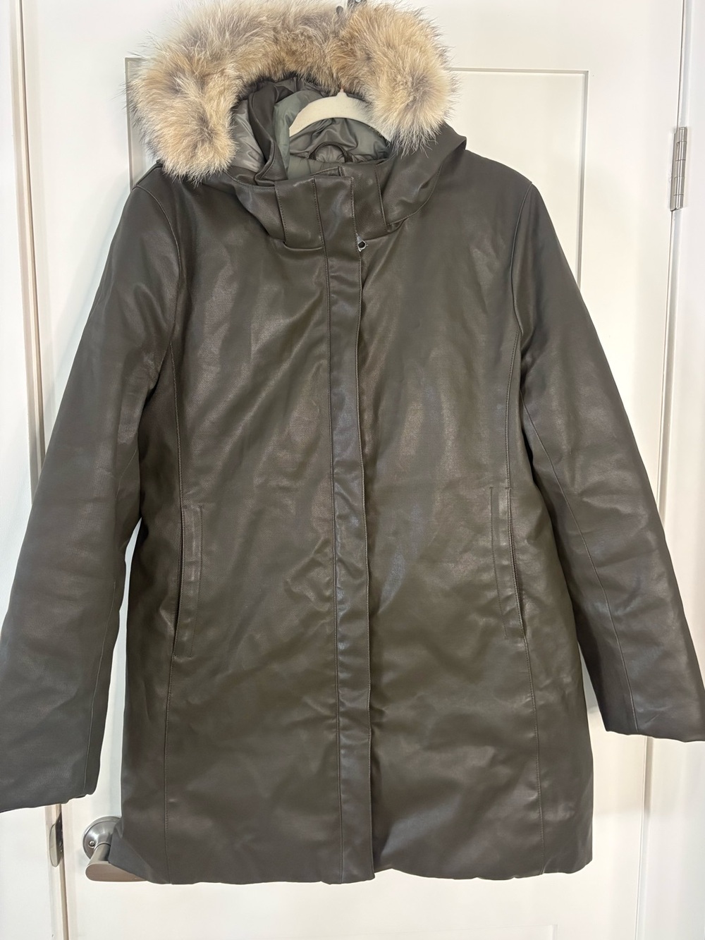 m0851 Coyote Fur Trim Hooded Olive Long Winter Parka Coat Size Large